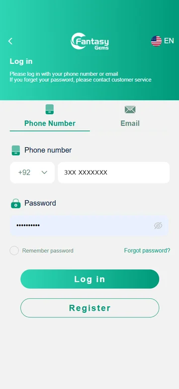 Fantasy Gems login screen