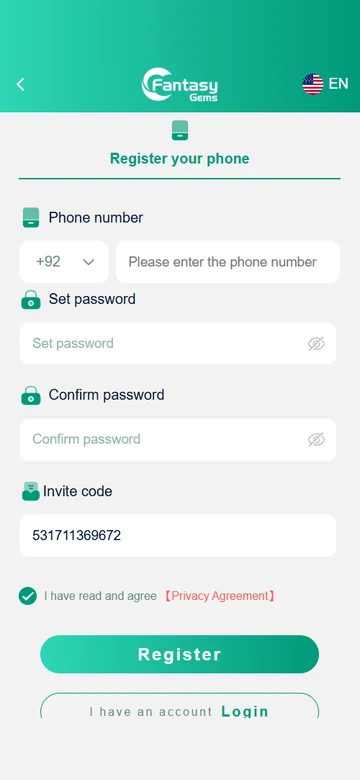 Fantasy Game register screen