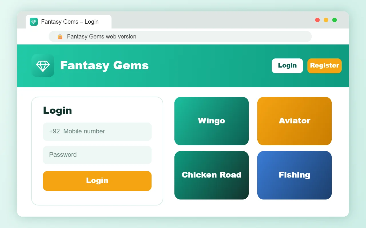 Fantasy Gems for PC web version login in a laptop browser