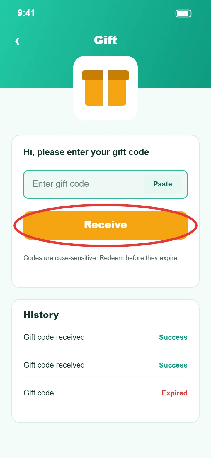 Fantasy Gems gift code redeem screen in the Gift section