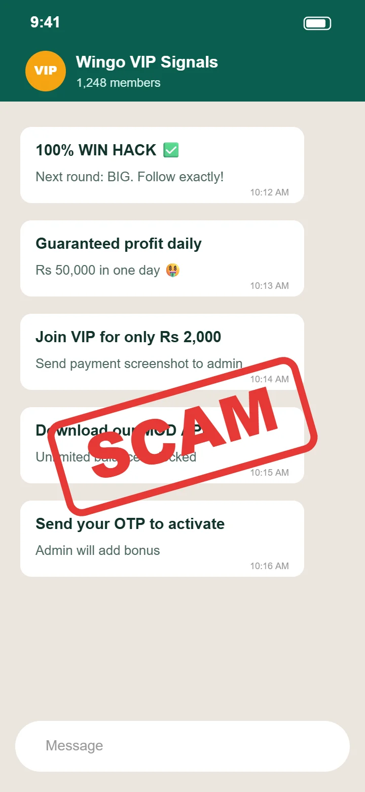 Fantasy Gems hack scam messages in a Wingo prediction group