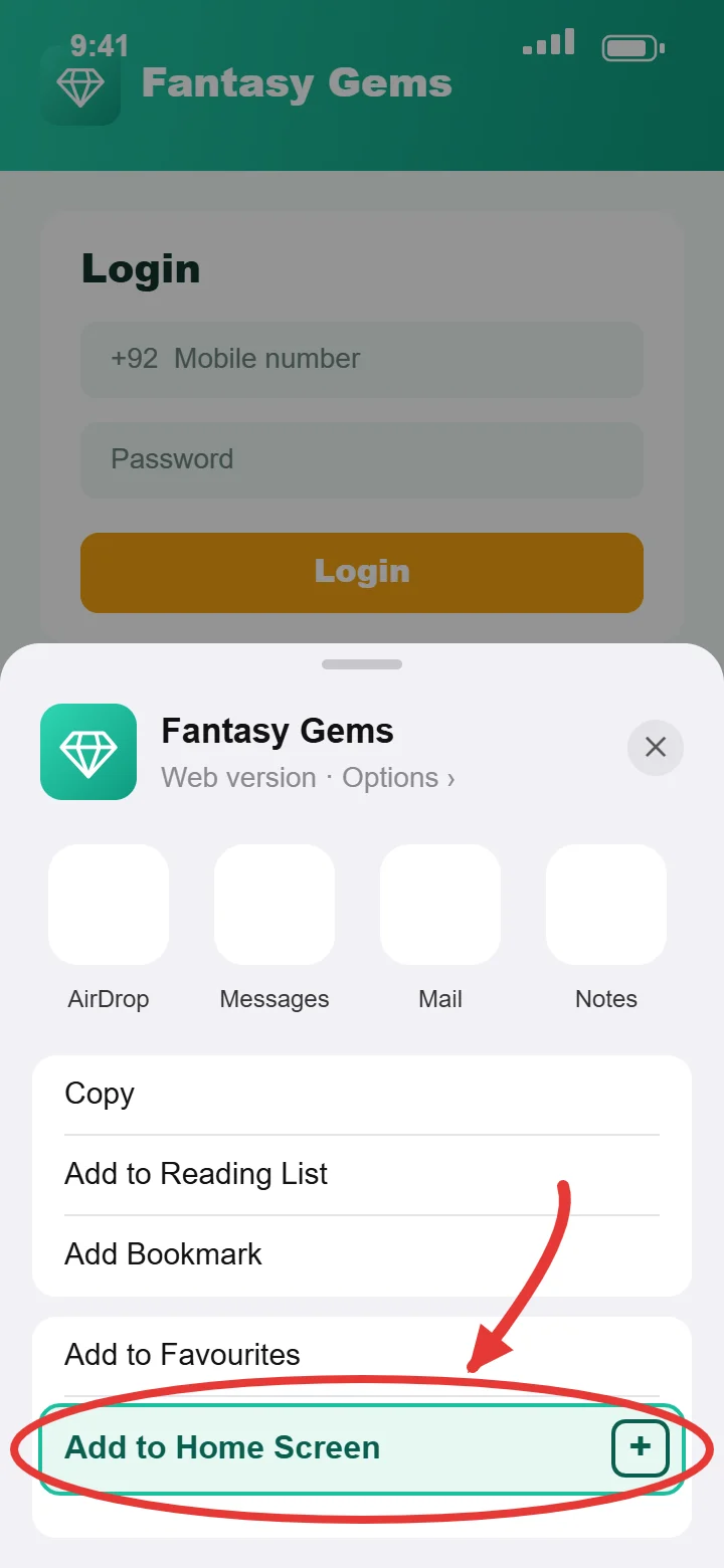 Fantasy Gems iOS Add to Home Screen option in Safari on iPhone