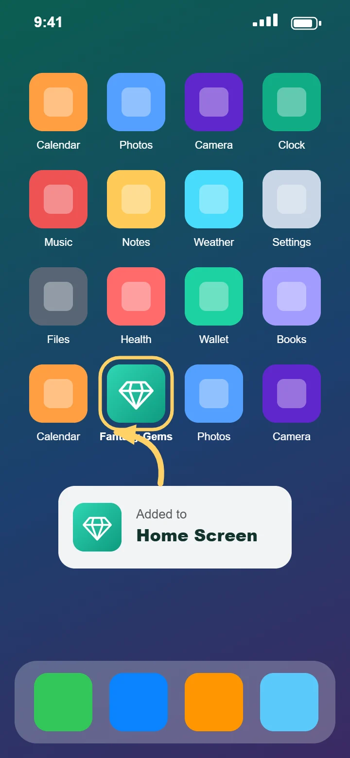 Fantasy Gems iOS web app icon on iPhone Home Screen